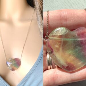 Crystal Heart Necklace, Big Raw Fluorite Necklace, Silver Gold, Rainbow Fluorite Pendant, Purple Stone Necklace, Fluorite Crystal Necklace,