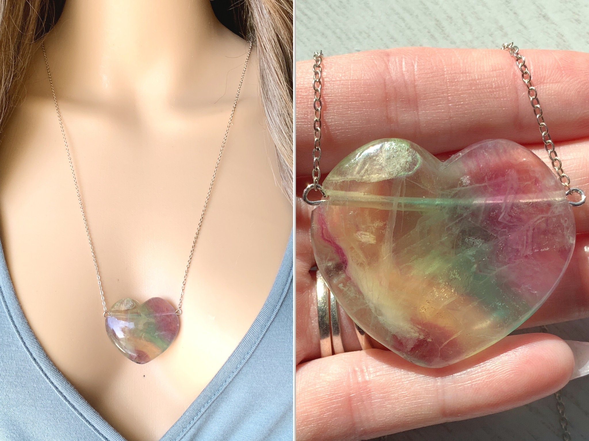 Crystal Heart Necklace, Big Raw Fluorite Necklace, Silver Gold, Rainbow Fluorite Pendant, Purple Stone Necklace, Fluorite Crystal Necklace,
