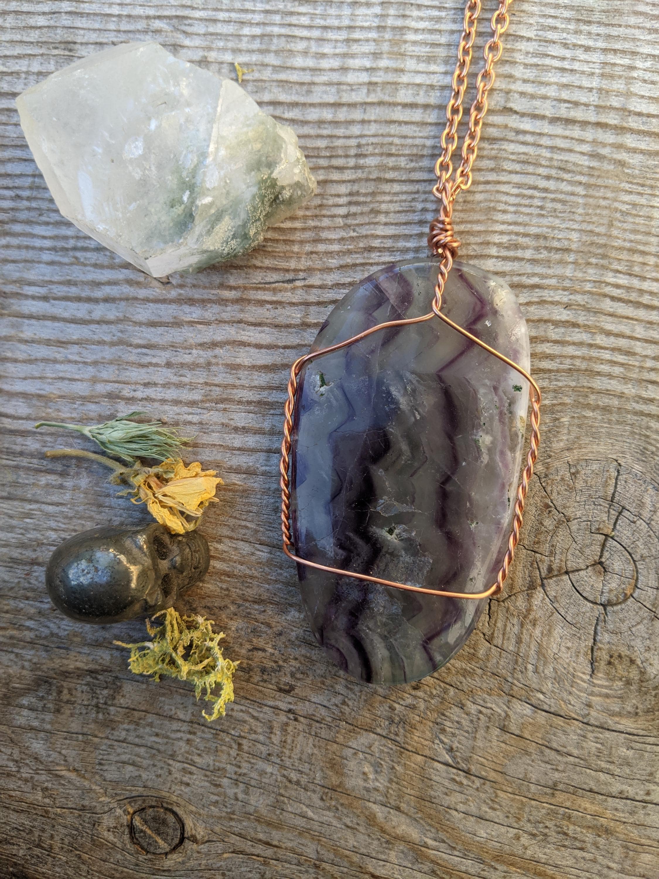 Extra Large Rainbow Fluorite Crystal Pendant, Purple And Green Fluorite Necklace, Pure Copper, Rainbow Fluorite Pendant, Purple Flourite