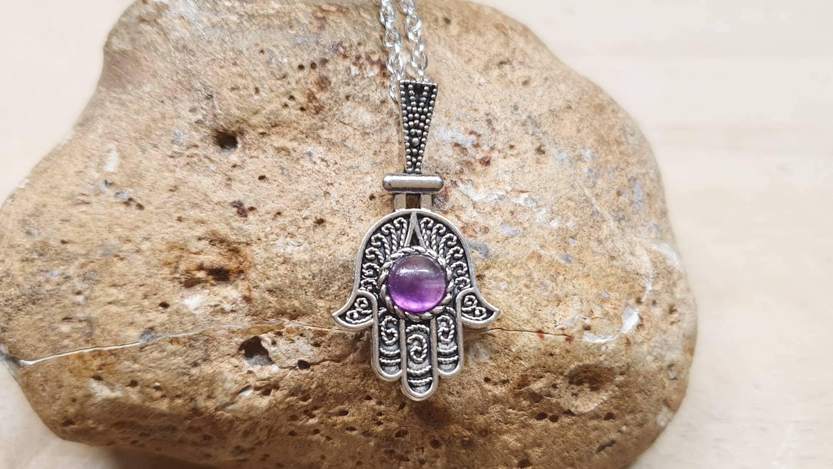 Rainbow Fluorite Hamsa Pendant Necklace. Protection Luck Symbol. Reiki Jewelry. Silver Plated Pendant Uk. 6mm Stone