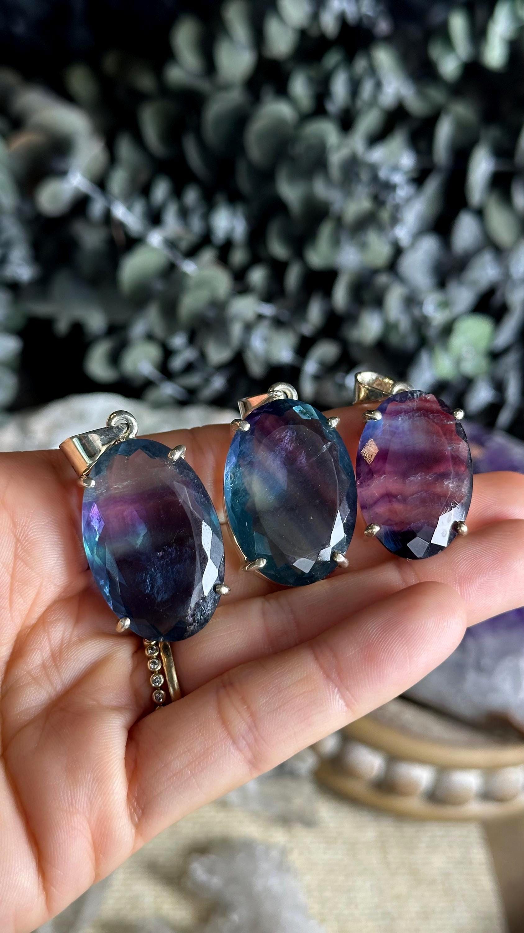 Large Faceted Rainbow Fluorite Necklace, Pendant Necklace, Sterling Silver Large Faceted Rainbow Fluorite Necklace, Pendant Necklace, Sterling Silver