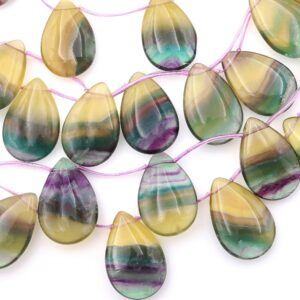 Natural Rainbow Fluorite Smooth Side Drilled Teardrop 20x30mm Focal Pendant Beads Honey Golden Yellow Green Colors 15.5" Strand