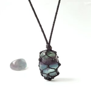 Rainbow Fluorite Necklace: Macrame Healing Stone Pendant