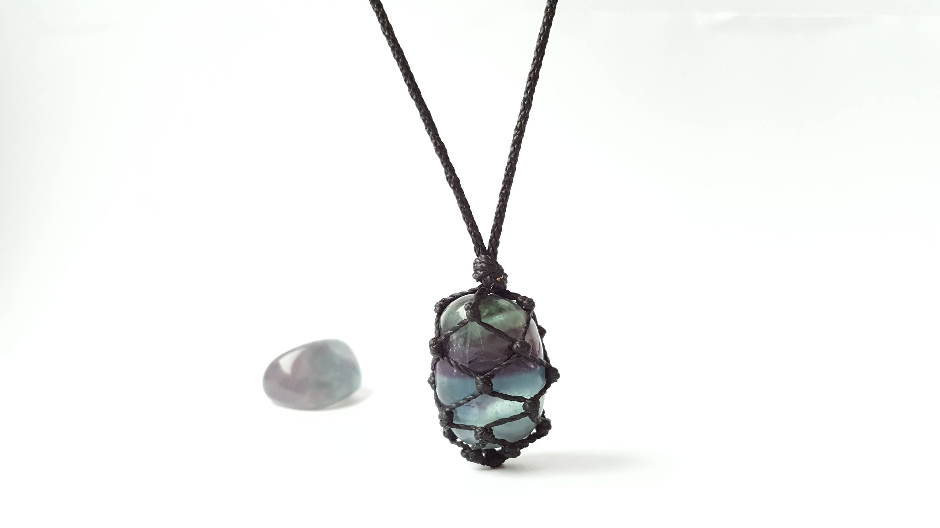 Rainbow Fluorite Necklace: Macrame Healing Stone Pendant