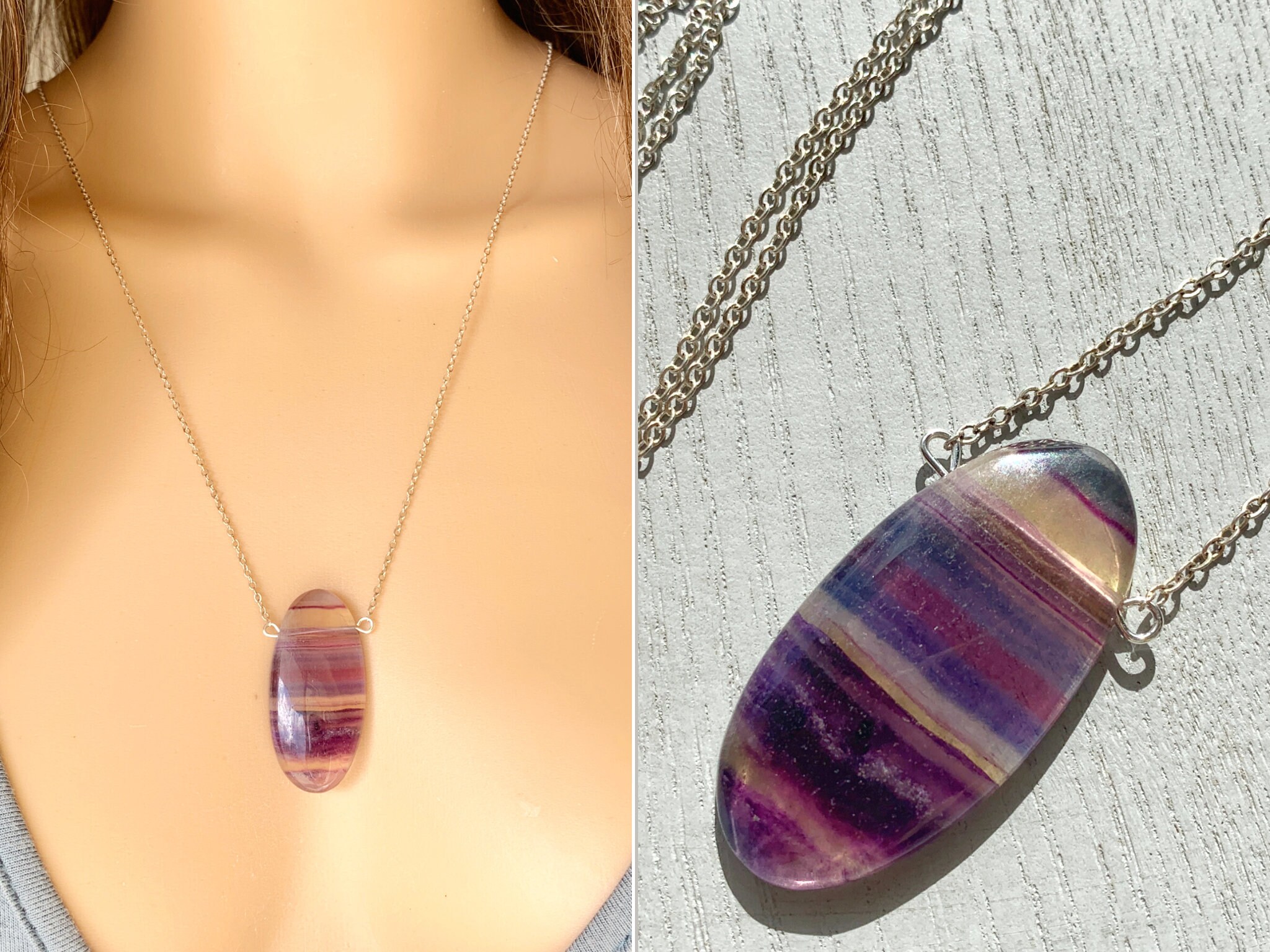 Rainbow Fluorite Necklace Silver Or Gold, Fluorite Pendant, Purple Stone Necklace, Fluorite Crystal Necklace, Intuition Stone Exact Stone