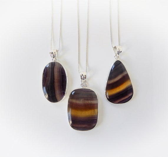 Fluorite Necklace Sterling Silver • Rainbow Fluorite Necklace • Natural Mixed Fluorite Pendant • Multi Stripe Fluorite Necklace • Great Gift