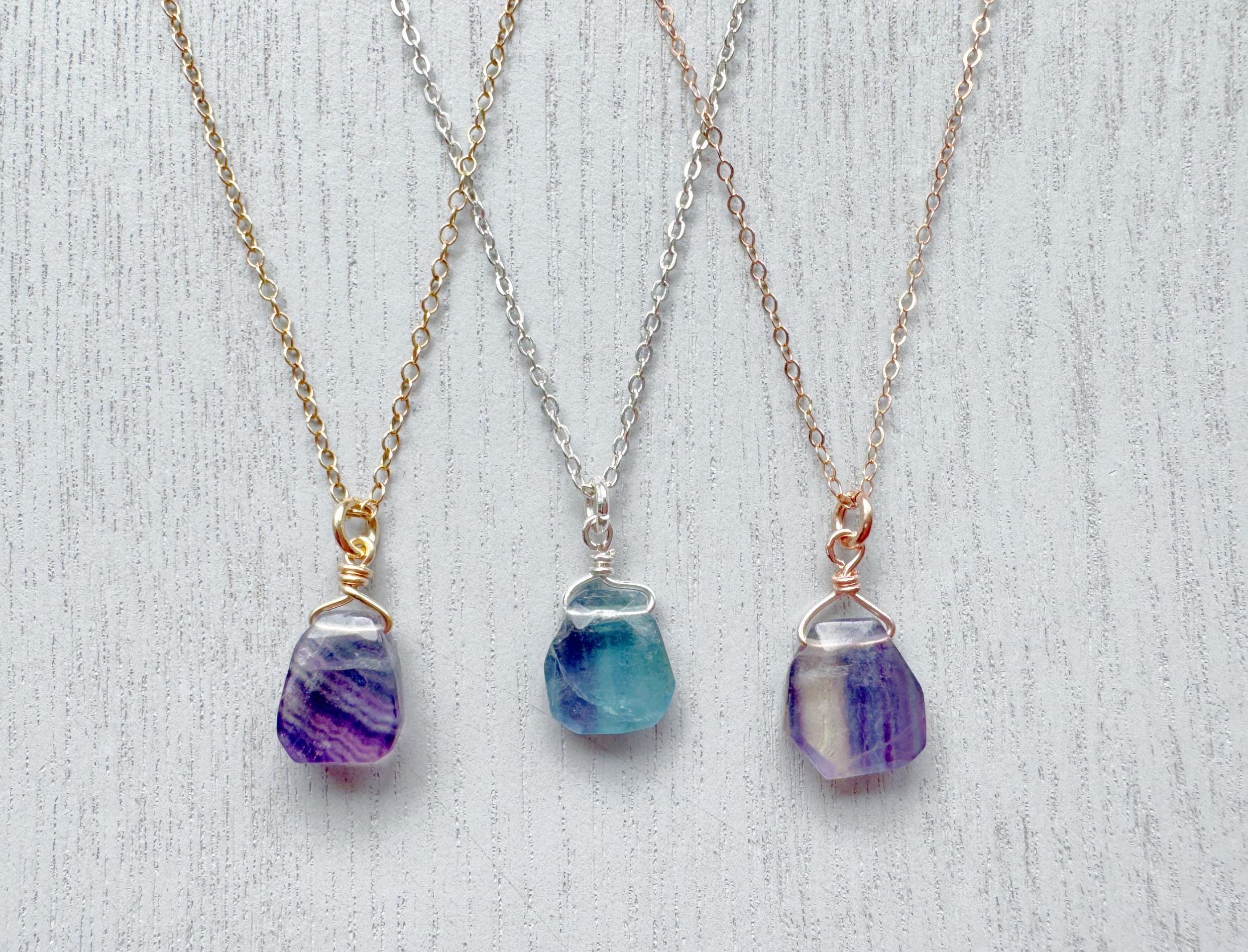 Fluorite Necklace Sterling Silver, Handcrafted Rainbow Gemstone Pendant Gold Fluorite Jewelry, Intuition Stone Necklace, Rainbow Gemstone