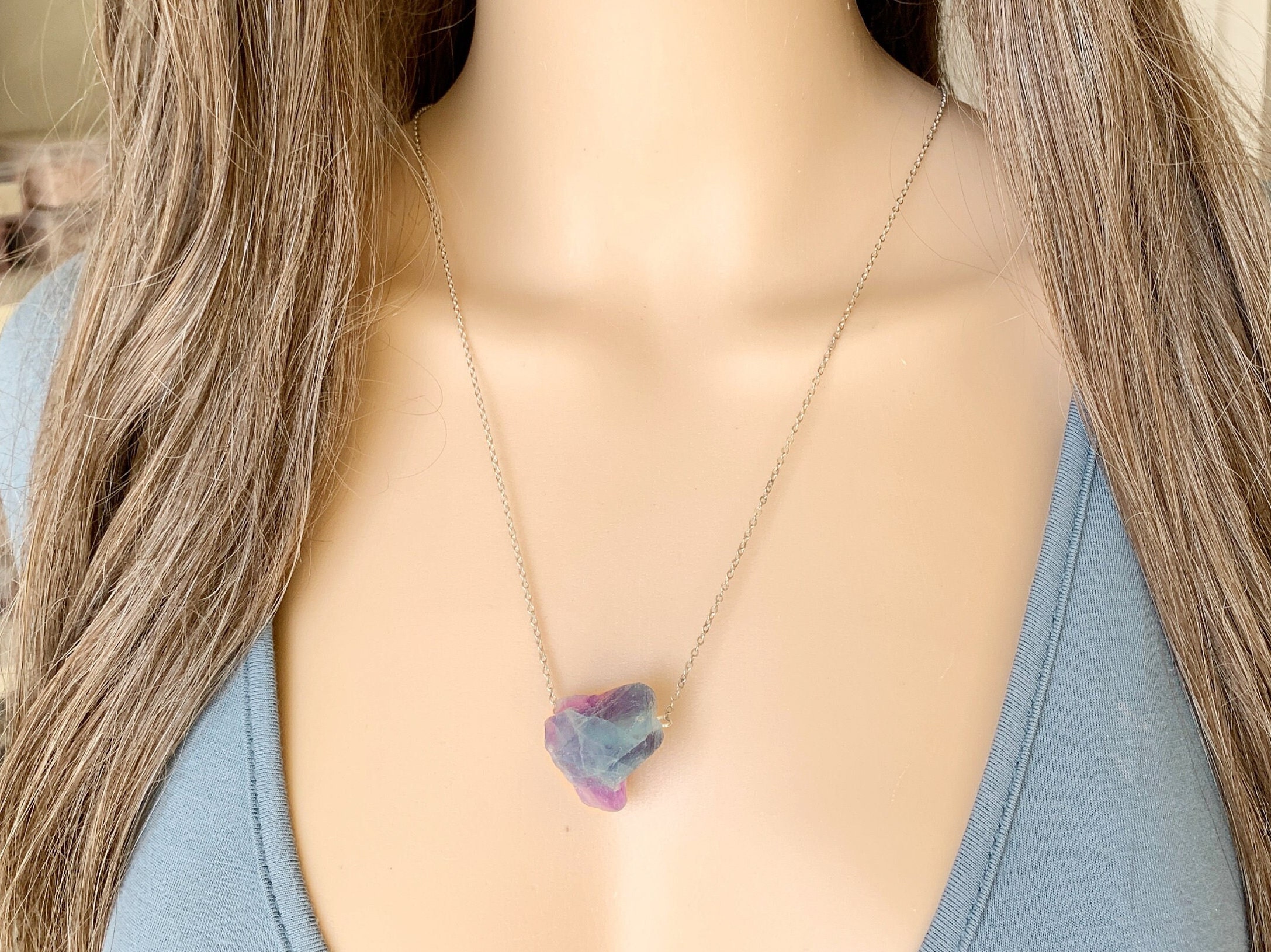 Rough Stone Necklace, Long Raw Crystal Pendant, Rainbow Fluorite Necklace, Crystal Healing Necklace For Men, Women's Rainbow Stone Jewelry
