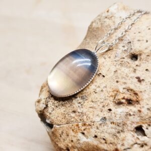 Simple oval Rainbow Fluorite Pendant necklace. 925 sterling silver. Crystal Reiki jewelry uk. Semi precious 18x13mm gemstone