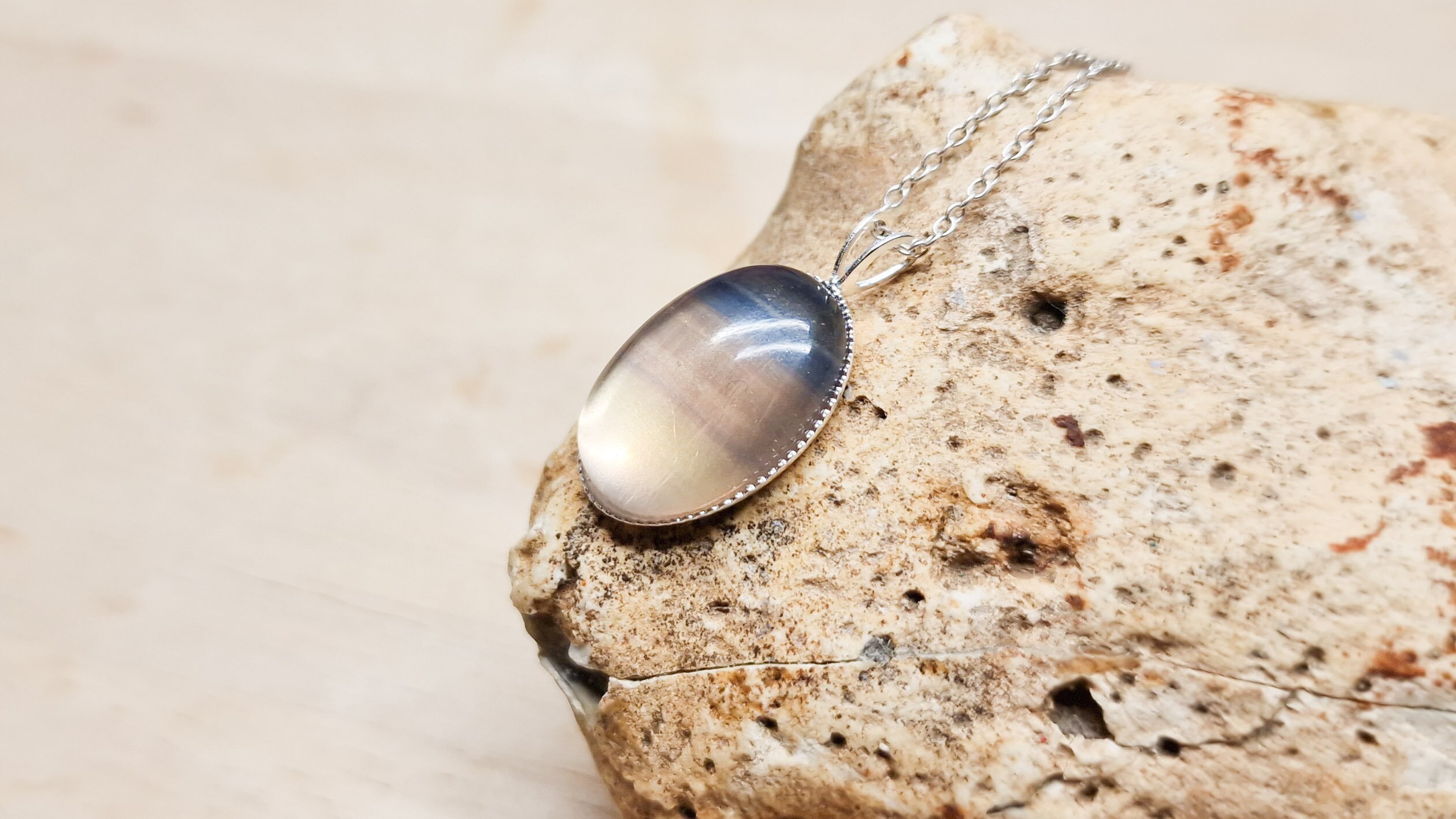 Simple Oval Rainbow Fluorite Pendant Necklace. 925 Sterling Silver. Crystal Reiki Jewelry Uk. Semi Precious 18x13mm Gemstone