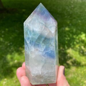 4" Dendritic Fluorite, Rainbow Fluorite Tower, Fluorite Point, Polished Fluorite Crystal, Black Dendrites In Blue Fluorite, Home Decor #2