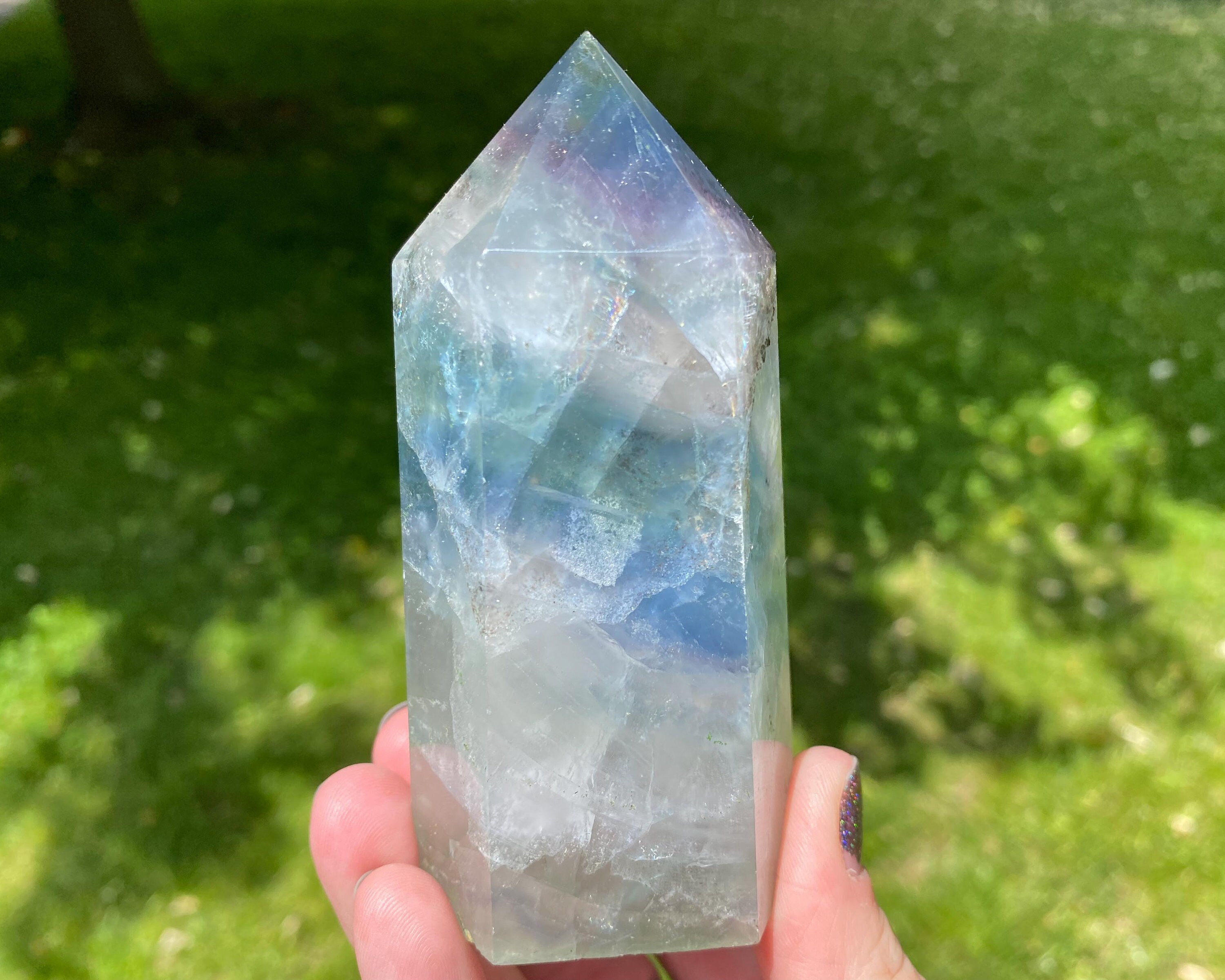4" Dendritic Fluorite, Rainbow Fluorite Tower, Fluorite Point, Polished Fluorite Crystal, Black Dendrites In Blue Fluorite, Home Decor #2