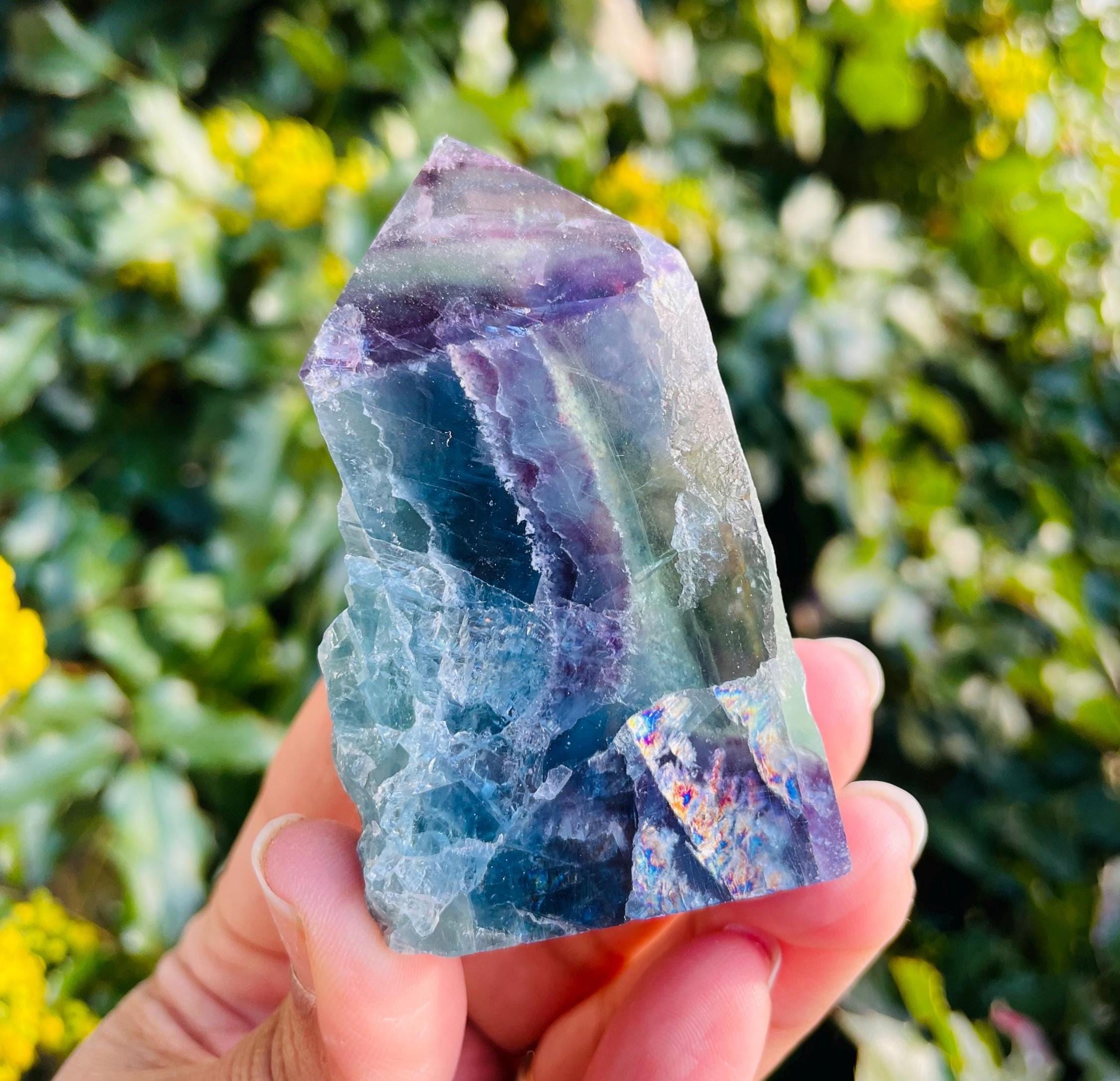 Rainbow Fluorite Crystal Point Tower: Green, Blue, Purple Gemstone (70+mm) 140g  *read Description*