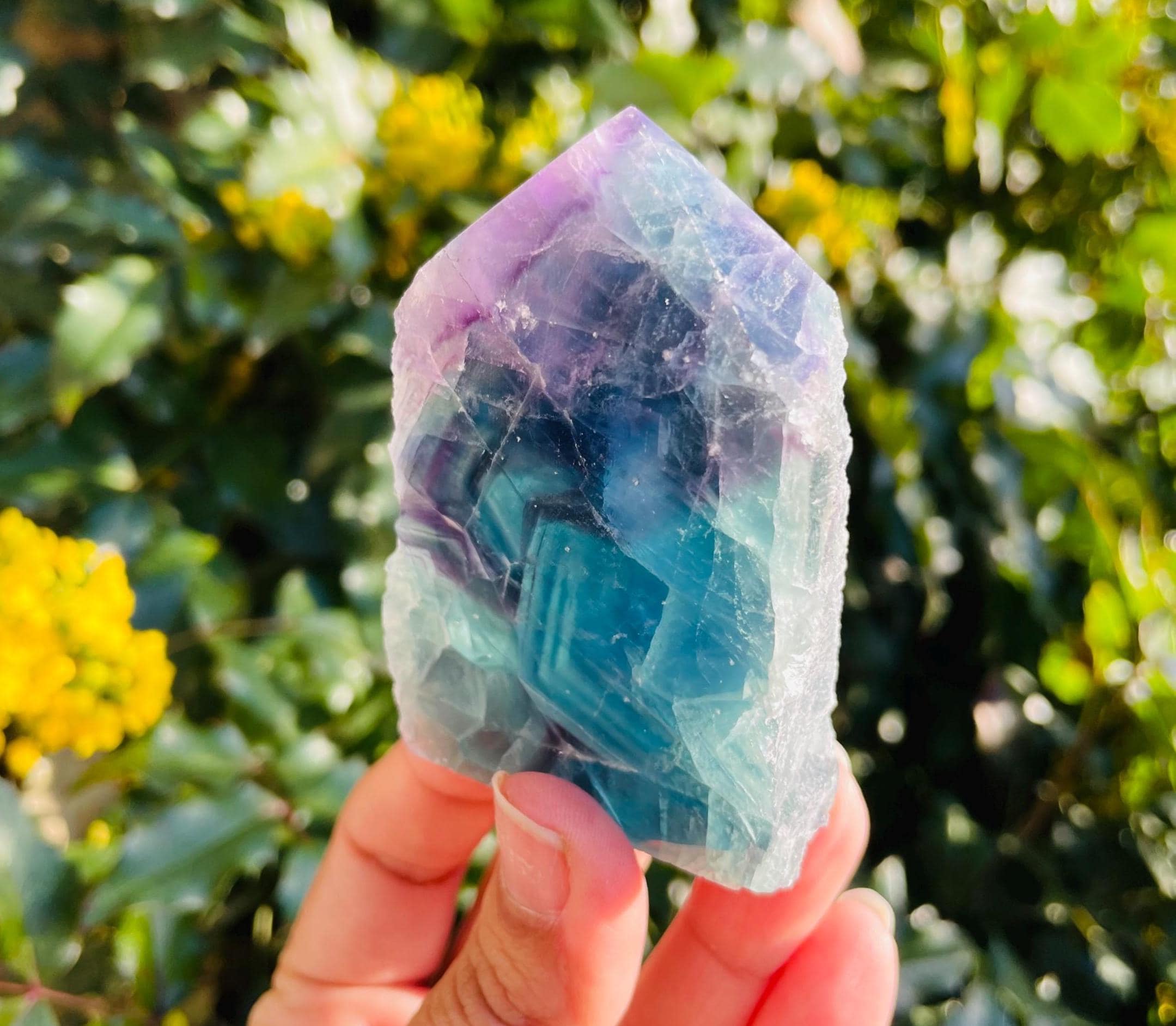 Rainbow Fluorite Crystal Point Tower: Green, Blue, Purple Gemstone (75x49mm)