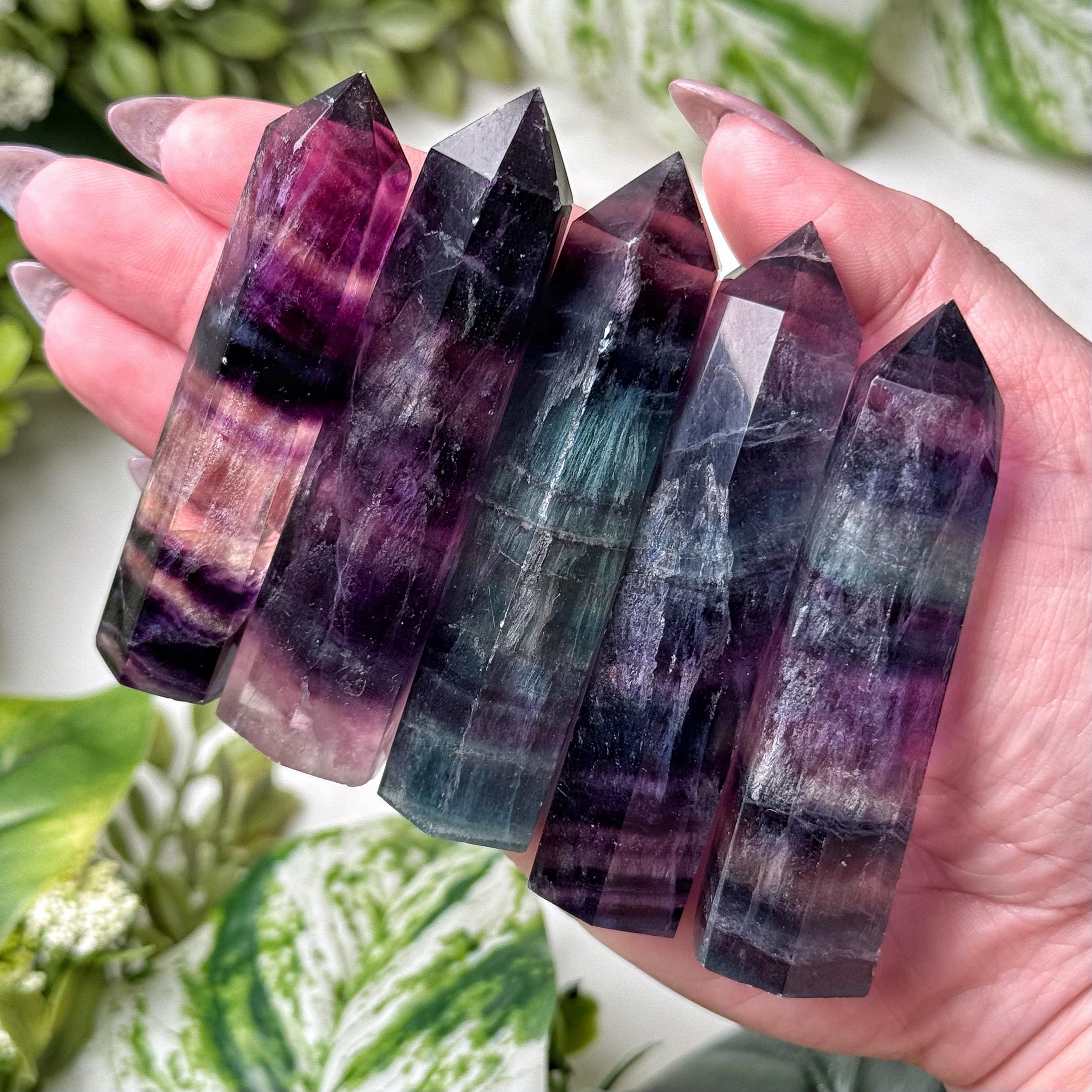 Rainbow Fluorite Point | S, L | - (polished Blue Crystal Tower, Throat Chakra, Healing Stone)