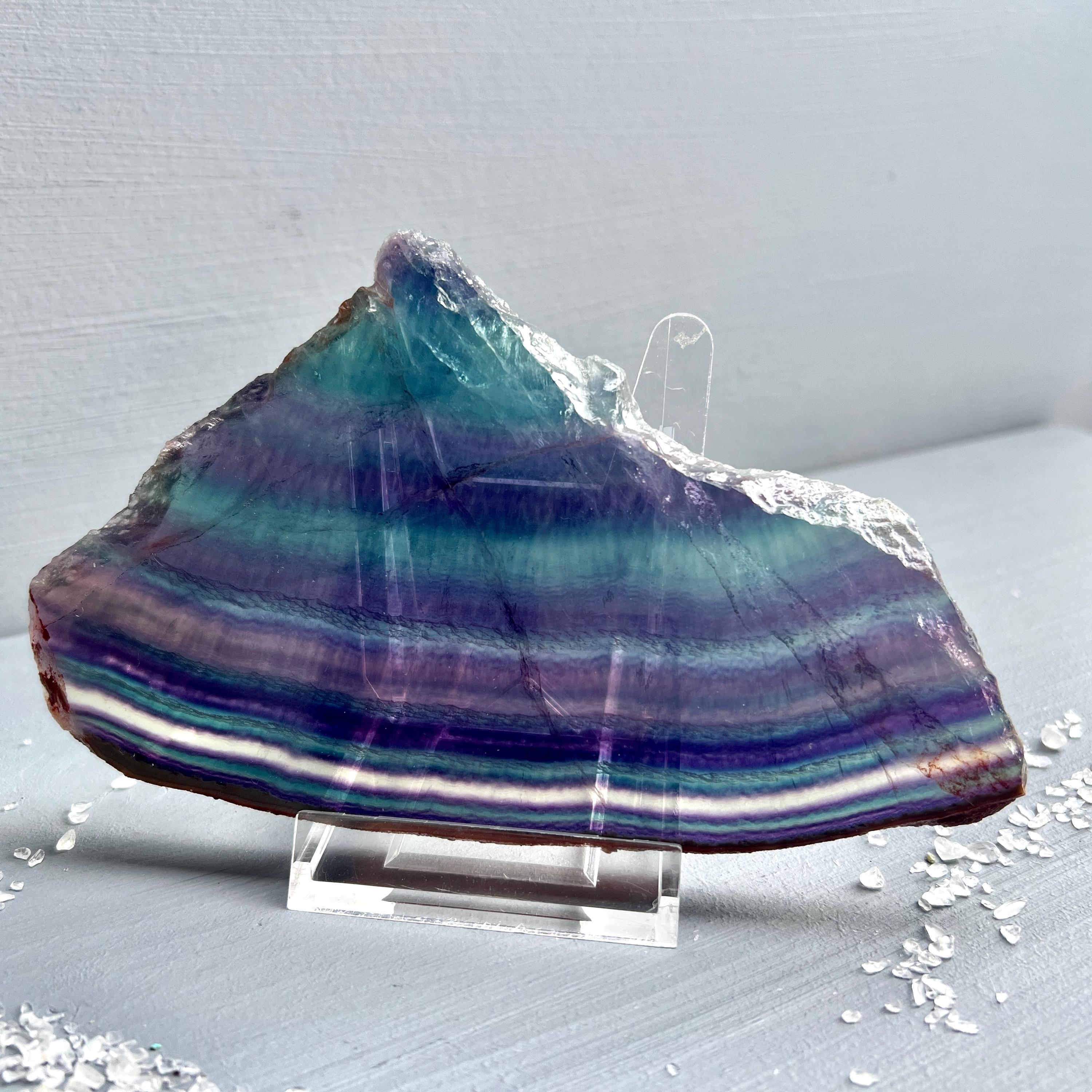 Rainbow Fluorite Slice, Blue-green Raw Edge Slab With Stand (6.2 Inches)
