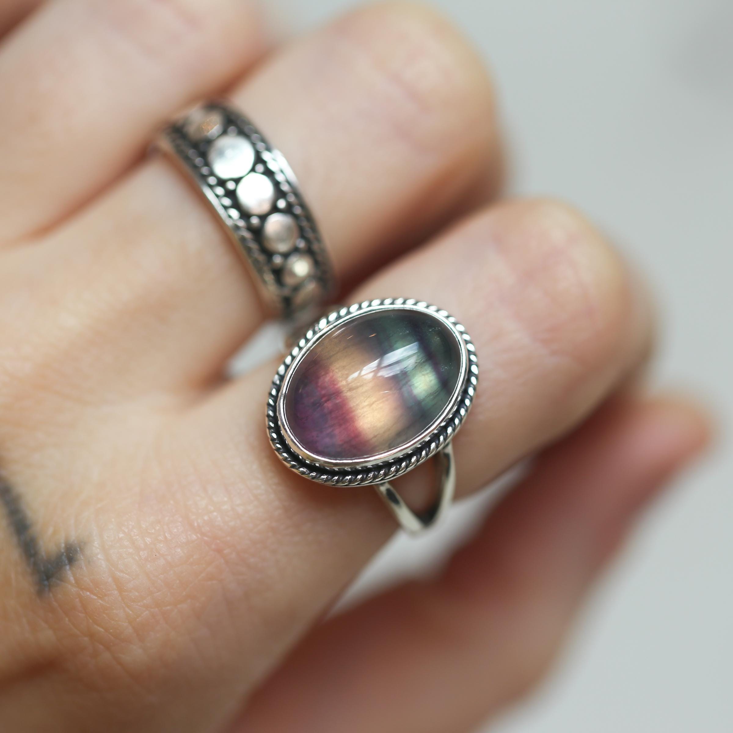 Rainbow Fluorite Boho Ring Size 7 - .925 Sterling Silver Rainbow Fluorite Boho Ring Size 7 - .925 Sterling Silver