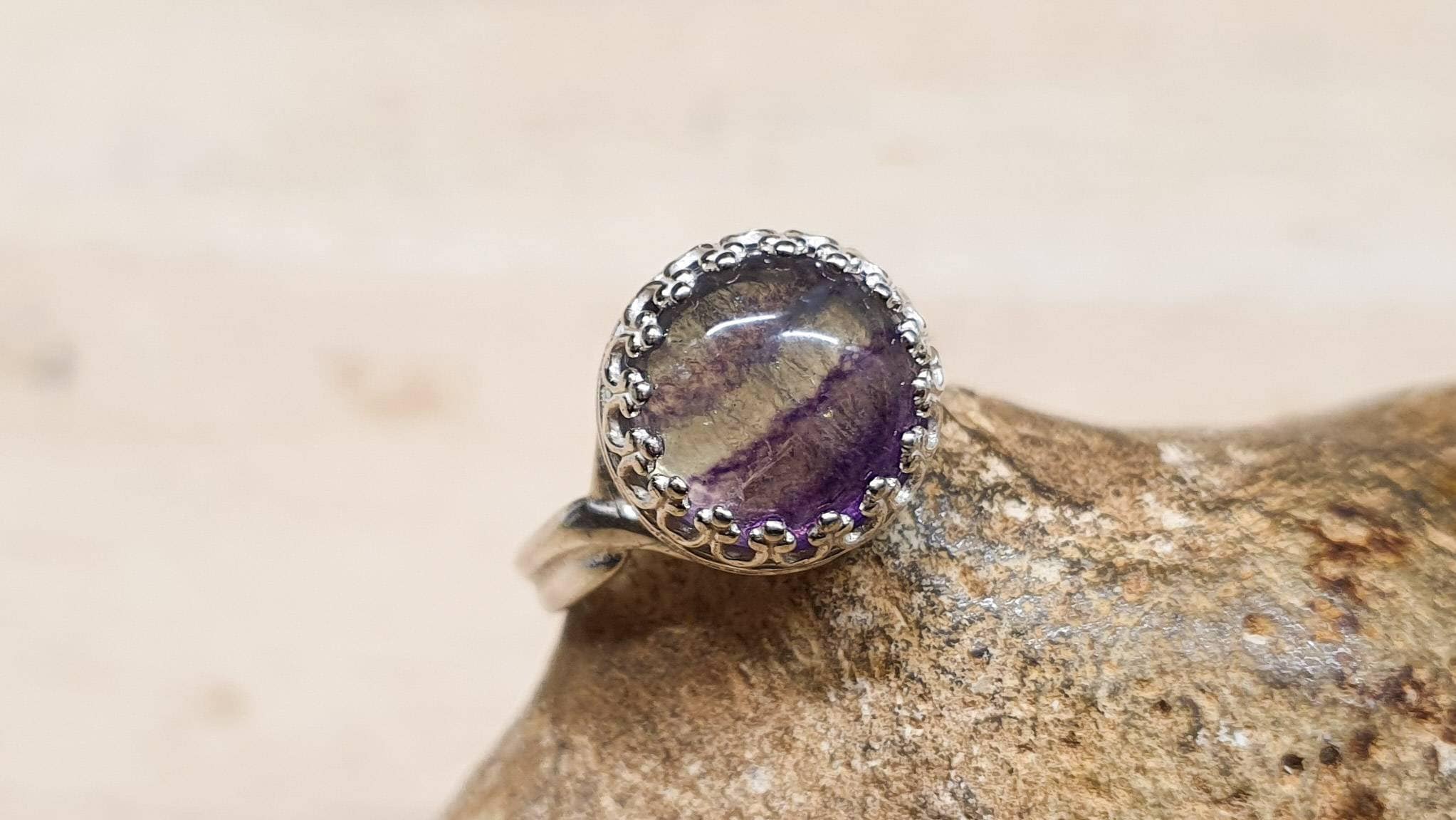 Rainbow Fluorite Ring. Crystal Reiki Jewelry Uk. Womens Adjustable Ring. 10mm Stone. 925 Sterling Silver Crown Edging. Rainbow Fluorite Ring. Crystal Reiki Jewelry Uk. Womens Adjustable Ring. 10mm Stone. 925 Sterling Silver Crown Edging.