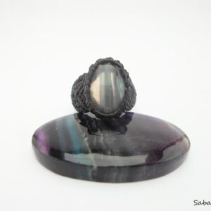 Micro Macrame Rainbow Fluorite Ring: Black Waxed Thread Micro Macrame Rainbow Fluorite Ring: Black Waxed Thread