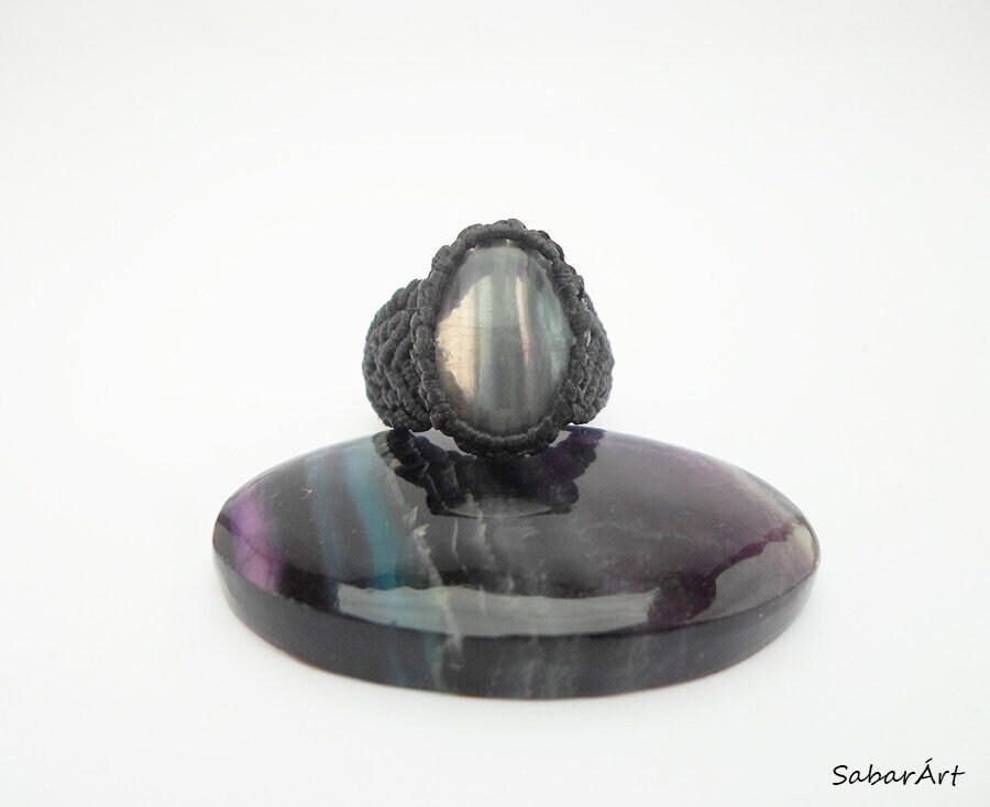 Micro Macrame Rainbow Fluorite Ring: Black Waxed Thread Micro Macrame Rainbow Fluorite Ring: Black Waxed Thread