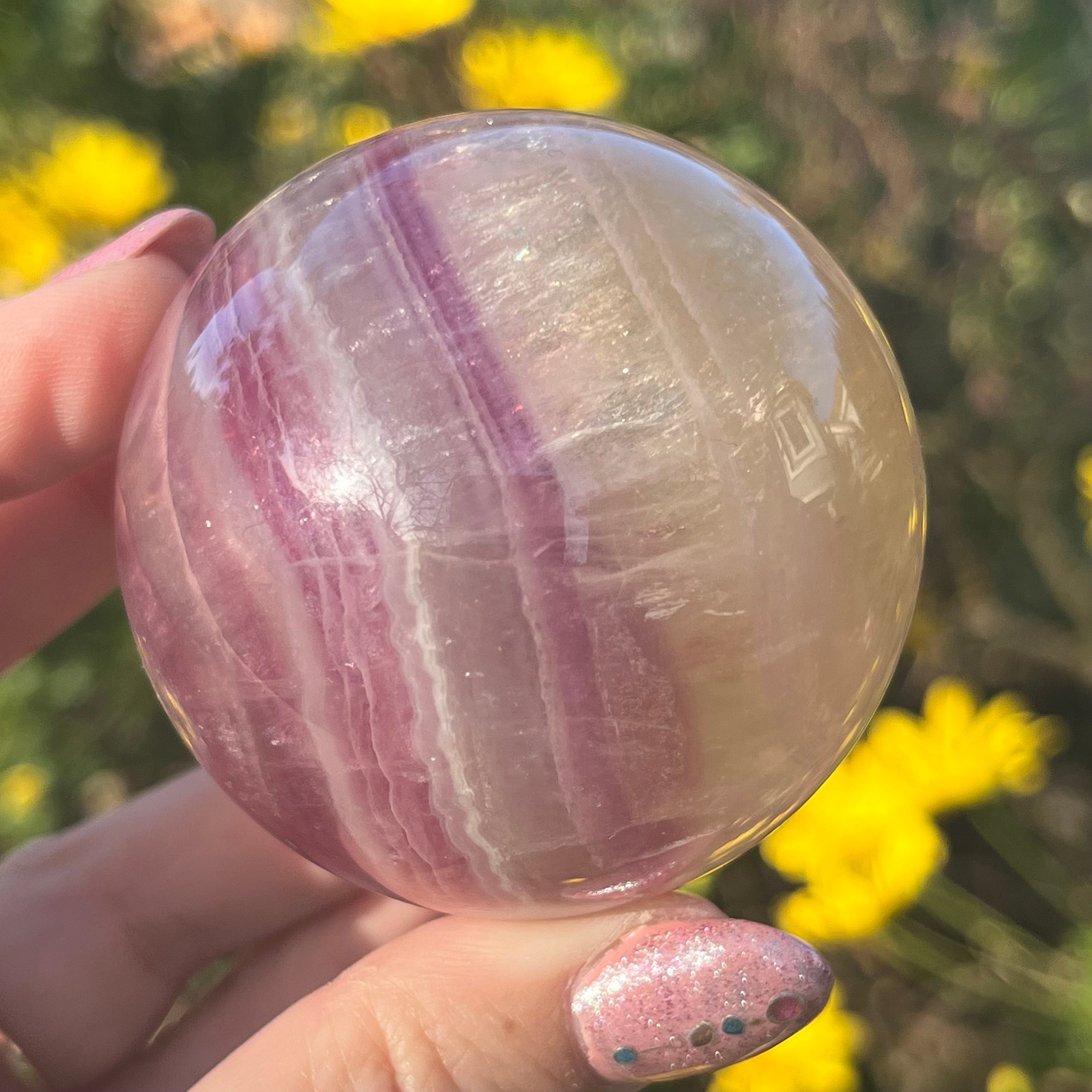 Candy Rainbow Fluorite Sphere | Yellow Fluorite Sphere | Yellow And Purple Banded Fluorite Sphere