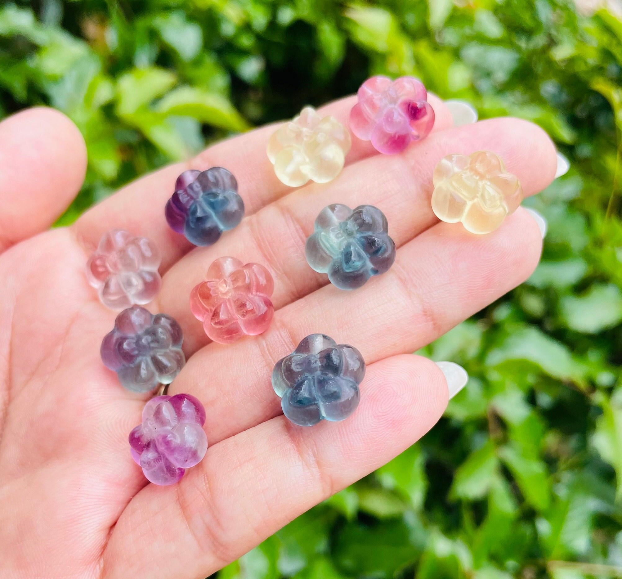 Rainbow Fluorite Crystal Flower: Carved Gemstone Bead (8-10mm) Rainbow Fluorite Crystal Flower: Carved Gemstone Bead (8-10mm)