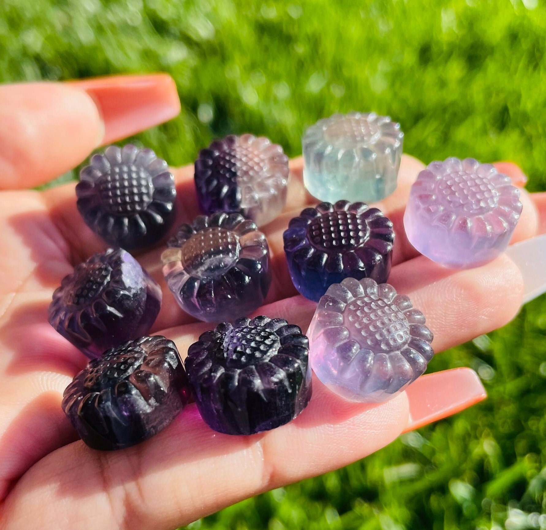 Rainbow Fluorite Crystal Sunflower: Carved Gemstone (10-15mm) Rainbow Fluorite Crystal Sunflower: Carved Gemstone (10-15mm)