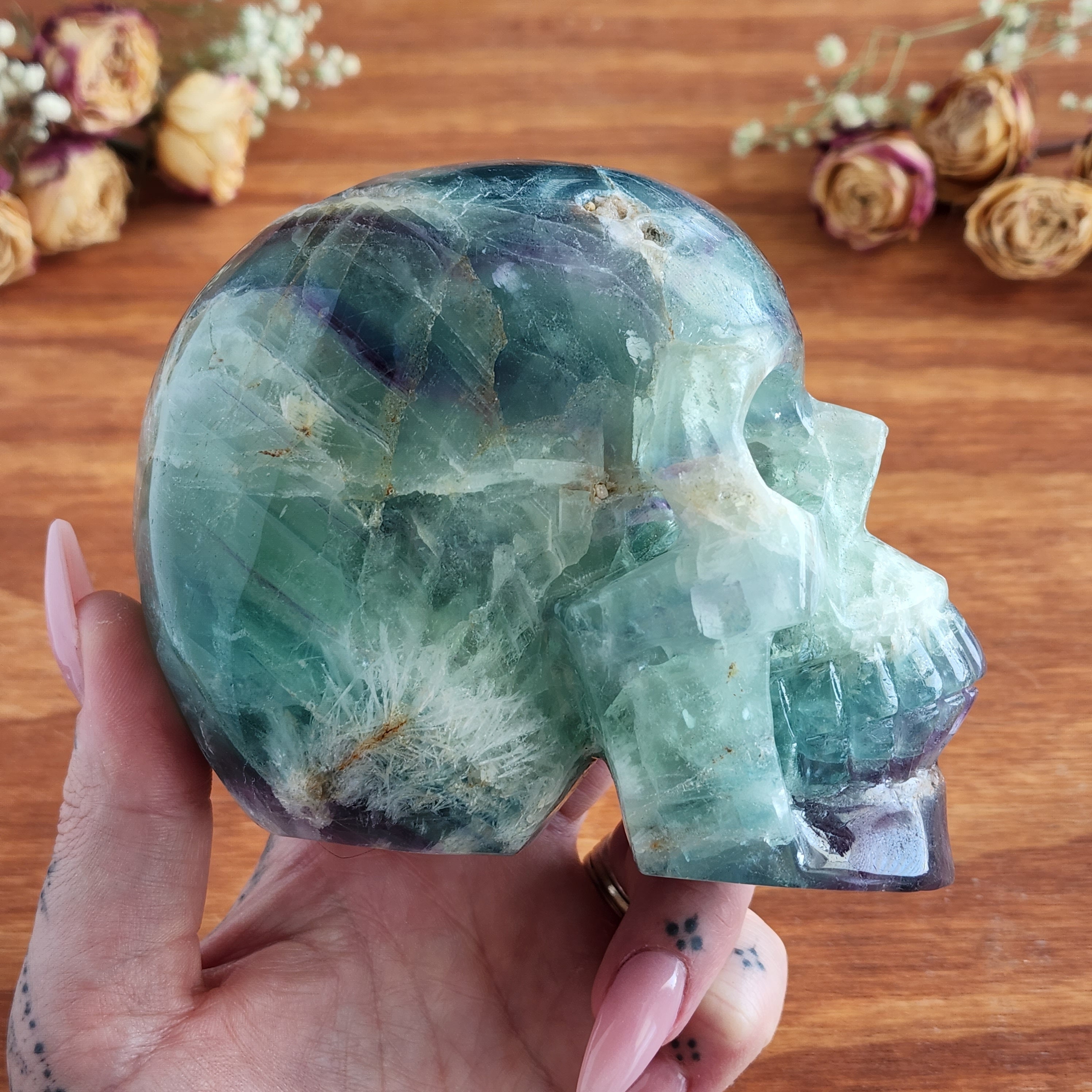 Large Rainbow Fluorite Crystal Skull, Home Decor, Altar Stone (3.3 Lb)