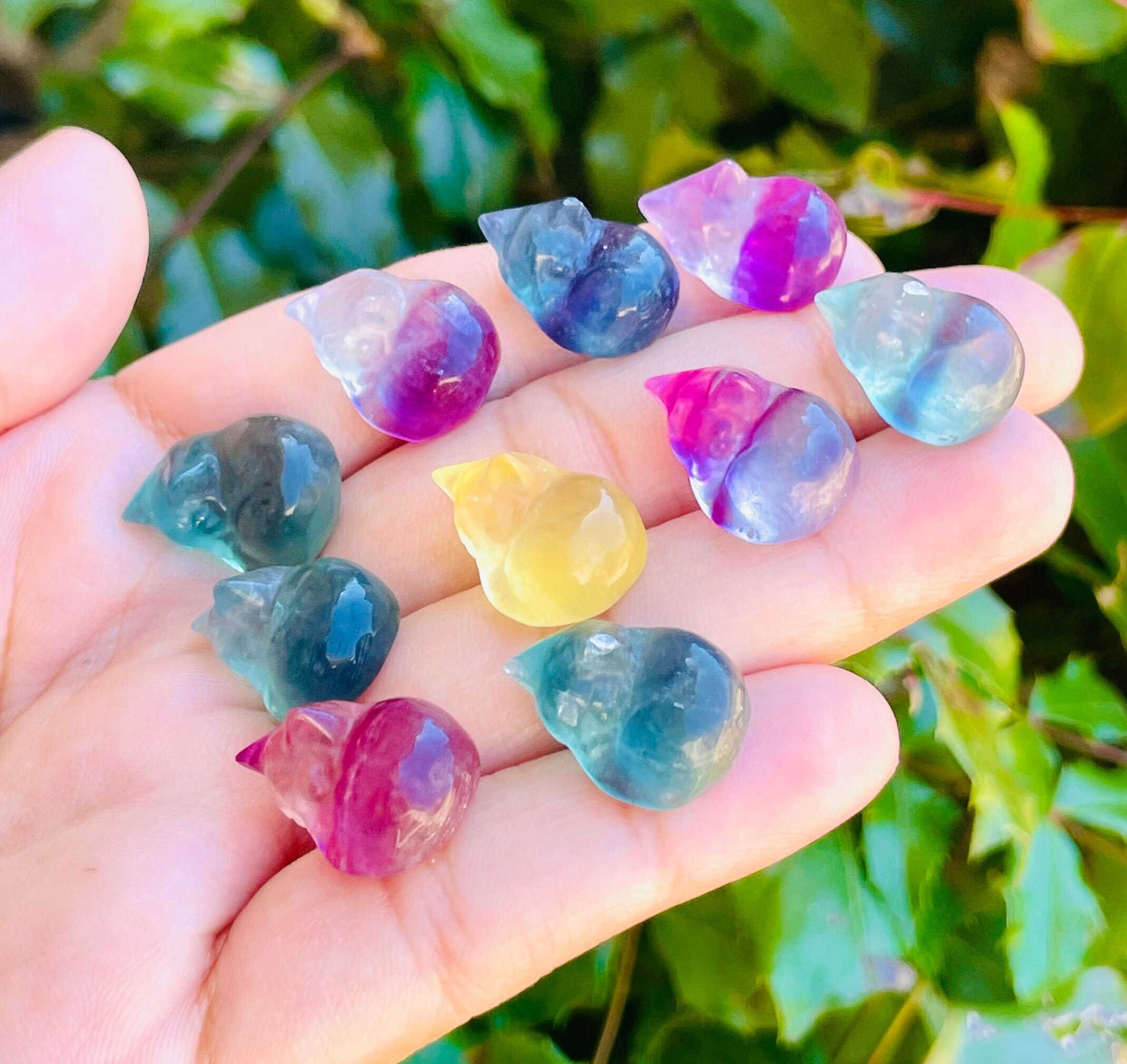 Mini Rainbow Fluorite Sleeping Cat: Polished Crystal Carving (xxs)