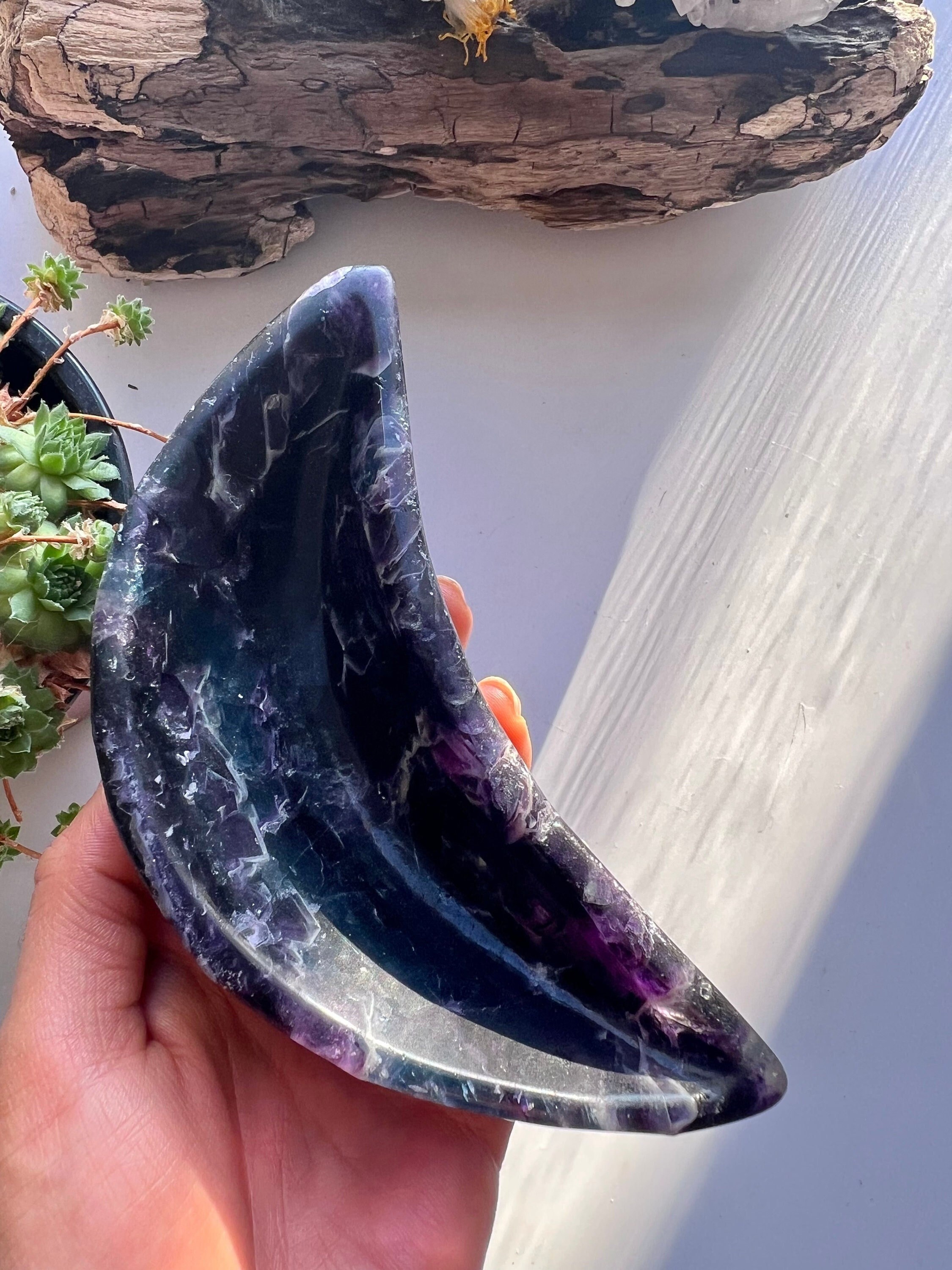 Rainbow Fluorite Crescent Moon Bowl, Healing Crystal Decor
