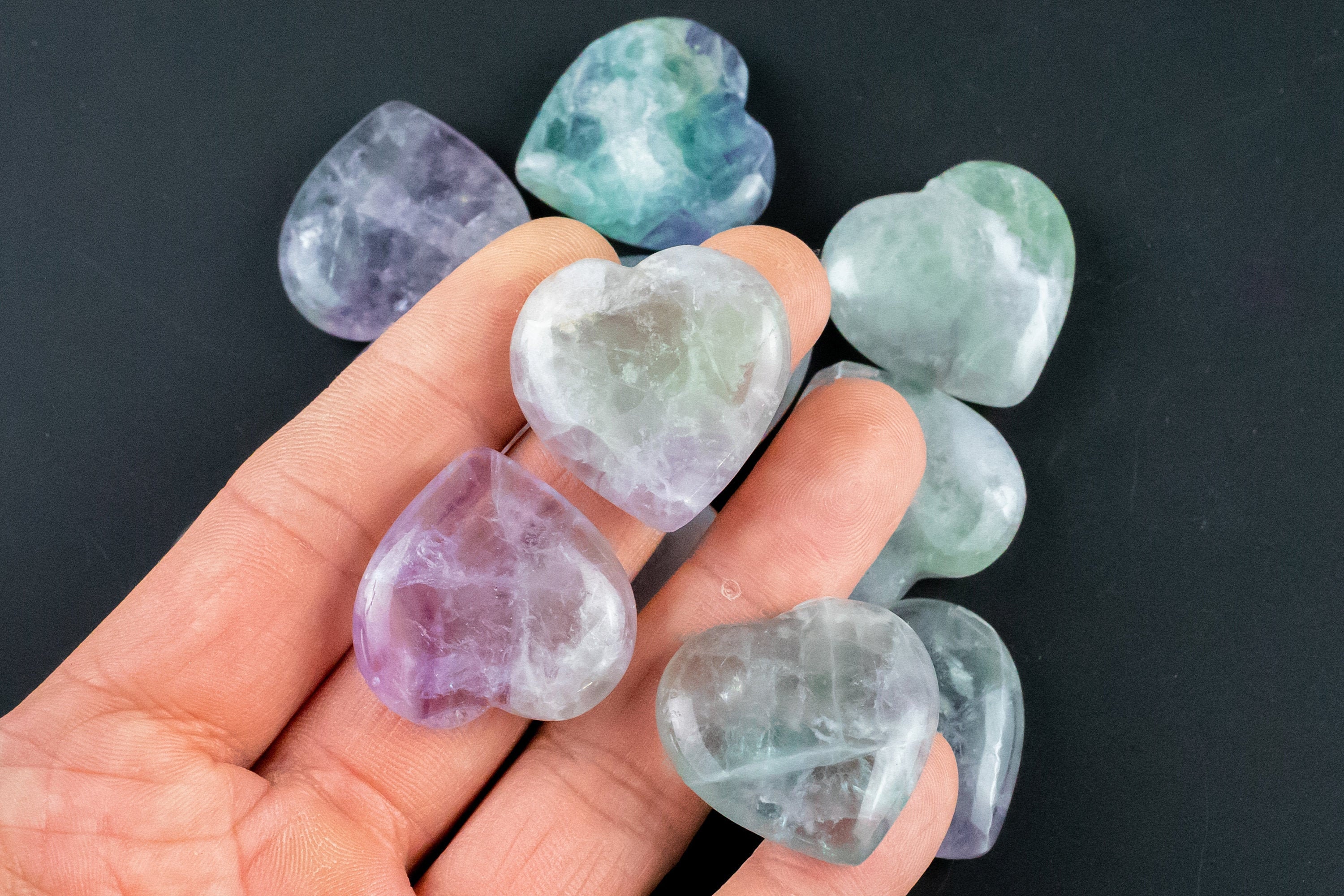 Natural Rainbow Fluorite Heart Hearts Healing Stone - Size Approximately 30x30mm / 1" X 1" - Natural Gemstone Hearts