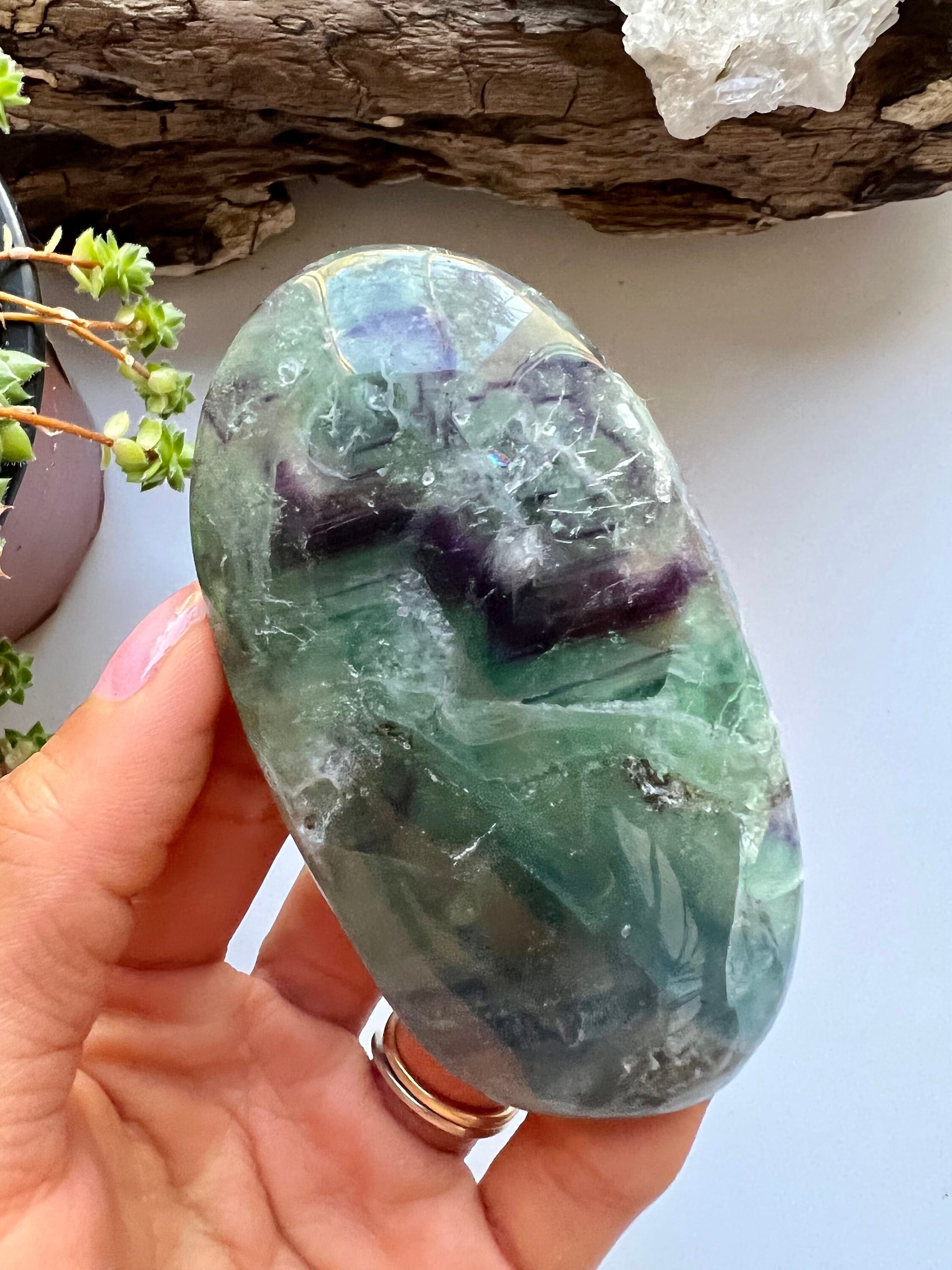 Rainbow Fluorite Palm Stone, Polished Crystal Rainbow Fluorite Palm Stone, Polished Crystal