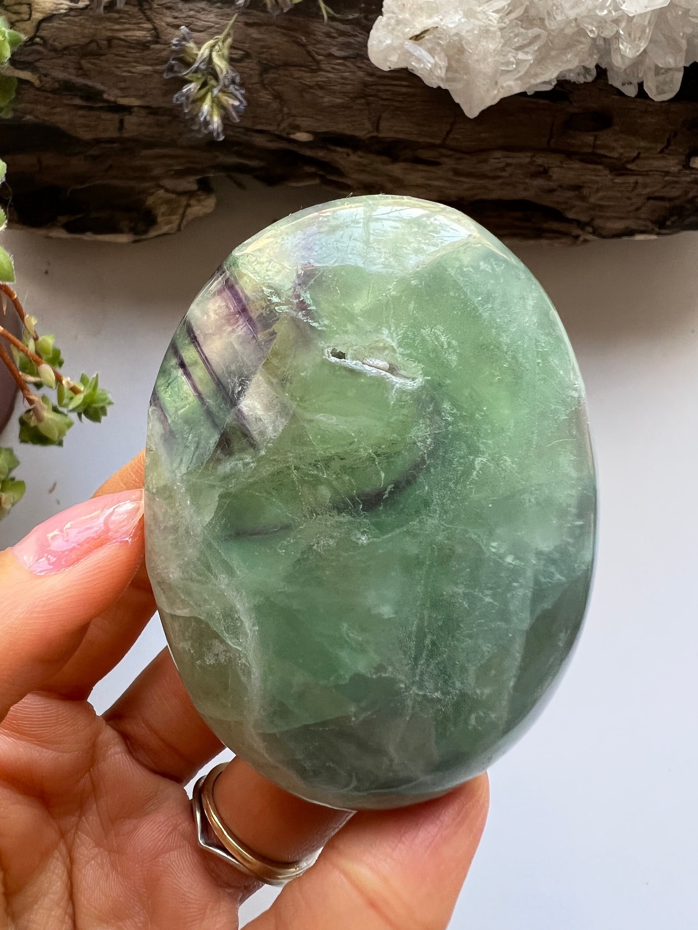 Green Rainbow Fluorite Palm Stone, Crystal Healing
