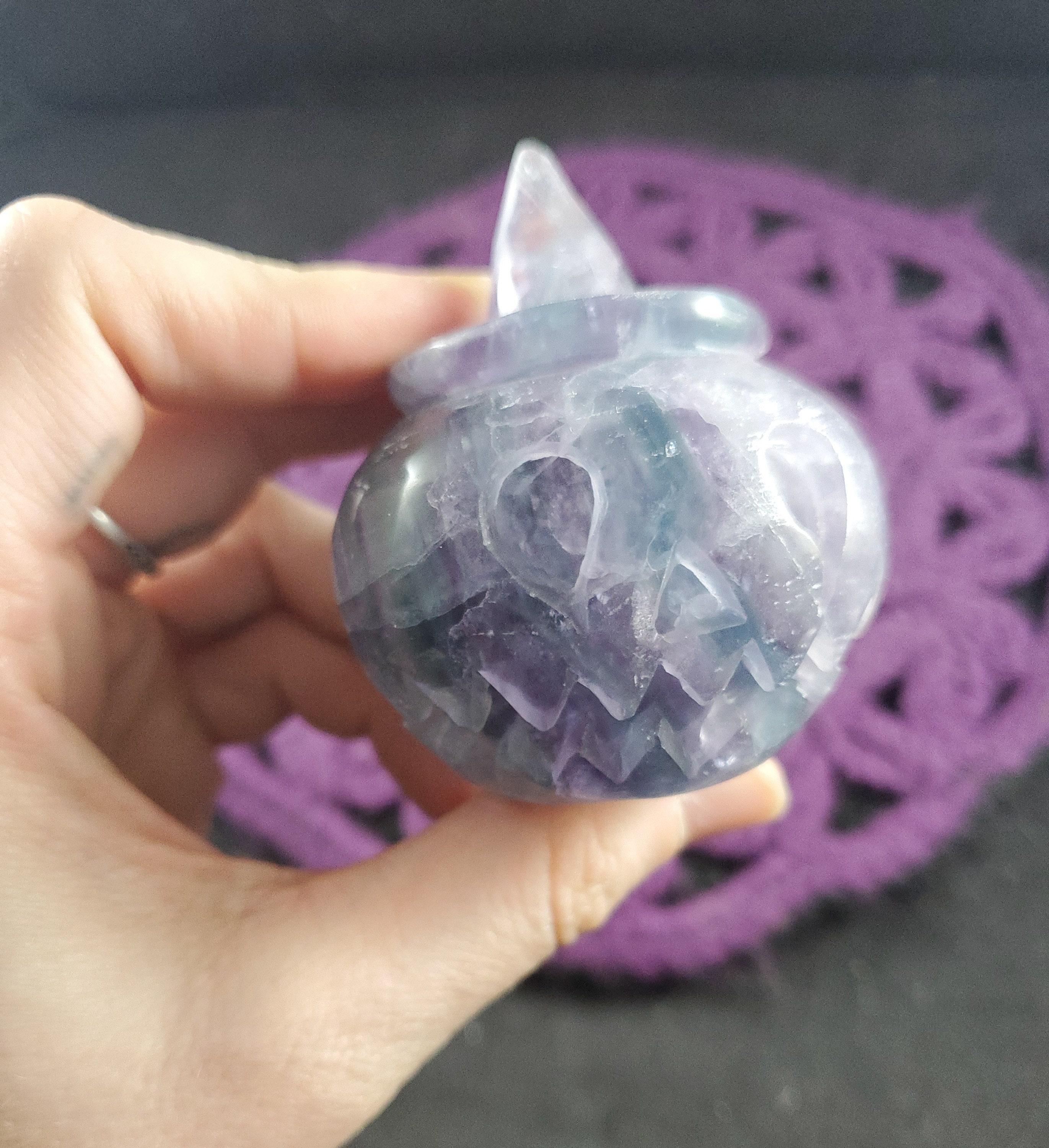 Rainbow Fluorite Pumpkin Carved Jack O Lantern Face Witch Hat Crystal Stones Purple Green Halloween Fall Autumn Season Decor Polished Rainbow Fluorite Pumpkin Carved Jack O Lantern Face Witch Hat Crystal Stones Purple Green Halloween Fall Autumn Season Decor Polished