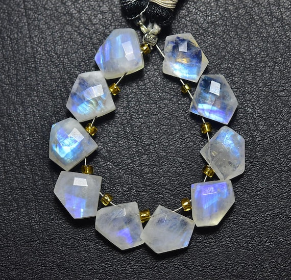 Blue Flashes Rainbow Moonstone Fancy Beads -10 Pcs- Natural Beautiful Faceted Rainbow Moonstone Briolettes- Size Is 9x11 - 9.5x11mm #2683