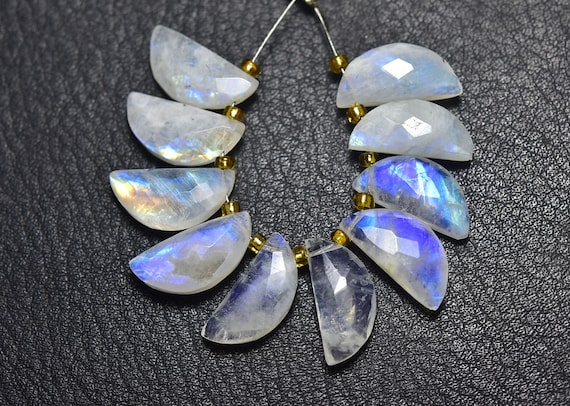 Blue Flashes Rainbow Moonstone Half Moon Beads - 10 Pcs - Natural Faceted Rainbow Moonstone Moon Shape Briolettes - Size Is 7x15 Mm #2231