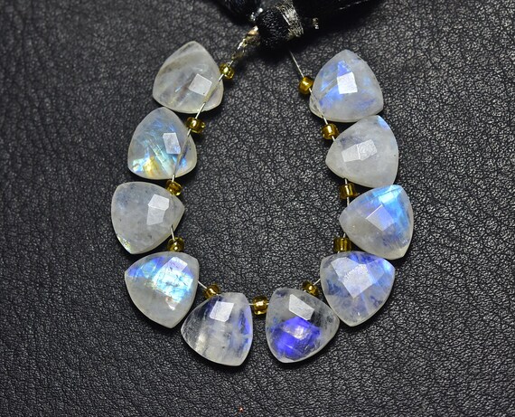 Blue Flashes Rainbow Moonstone Triangle Beads -10 Pcs- Natural Beautiful Faceted Rainbow Moonstone Triangle Briolettes - Size Is 10 Mm #529