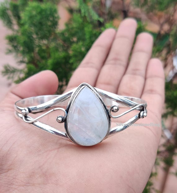 Rainbow Moonstone Bangle: 925 Sterling Silver Adjustable Gemstone Bracelet