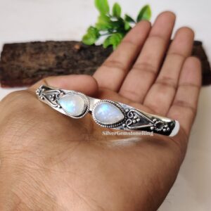 Rainbow Moonstone Bangle: Adjustable Bangle, 925 Sterling Silver, Handcrafted Jewelry