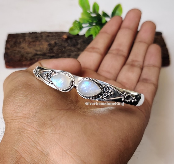 Rainbow Moonstone Bangle: Adjustable Bangle, 925 Sterling Silver, Handcrafted Jewelry