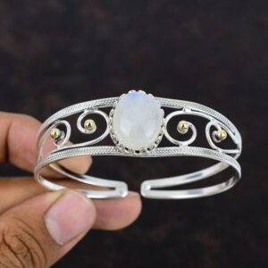 Rainbow Moonstone Bangle: Handmade 925 Sterling Silver Adjustable Cuff