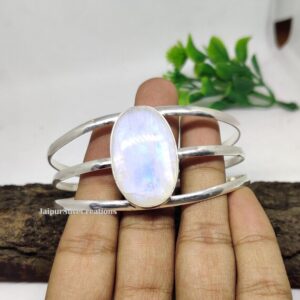 Rainbow Moonstone Bangle: Handmade 925 Sterling Silver Adjustable Bracelet Rainbow Moonstone Bangle: Handmade 925 Sterling Silver Adjustable Bracelet