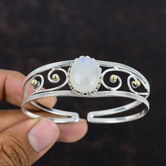 Rainbow Moonstone Bangle: Handmade 925 Sterling Silver Adjustable Cuff Rainbow Moonstone Bangle: Handmade 925 Sterling Silver Adjustable Cuff