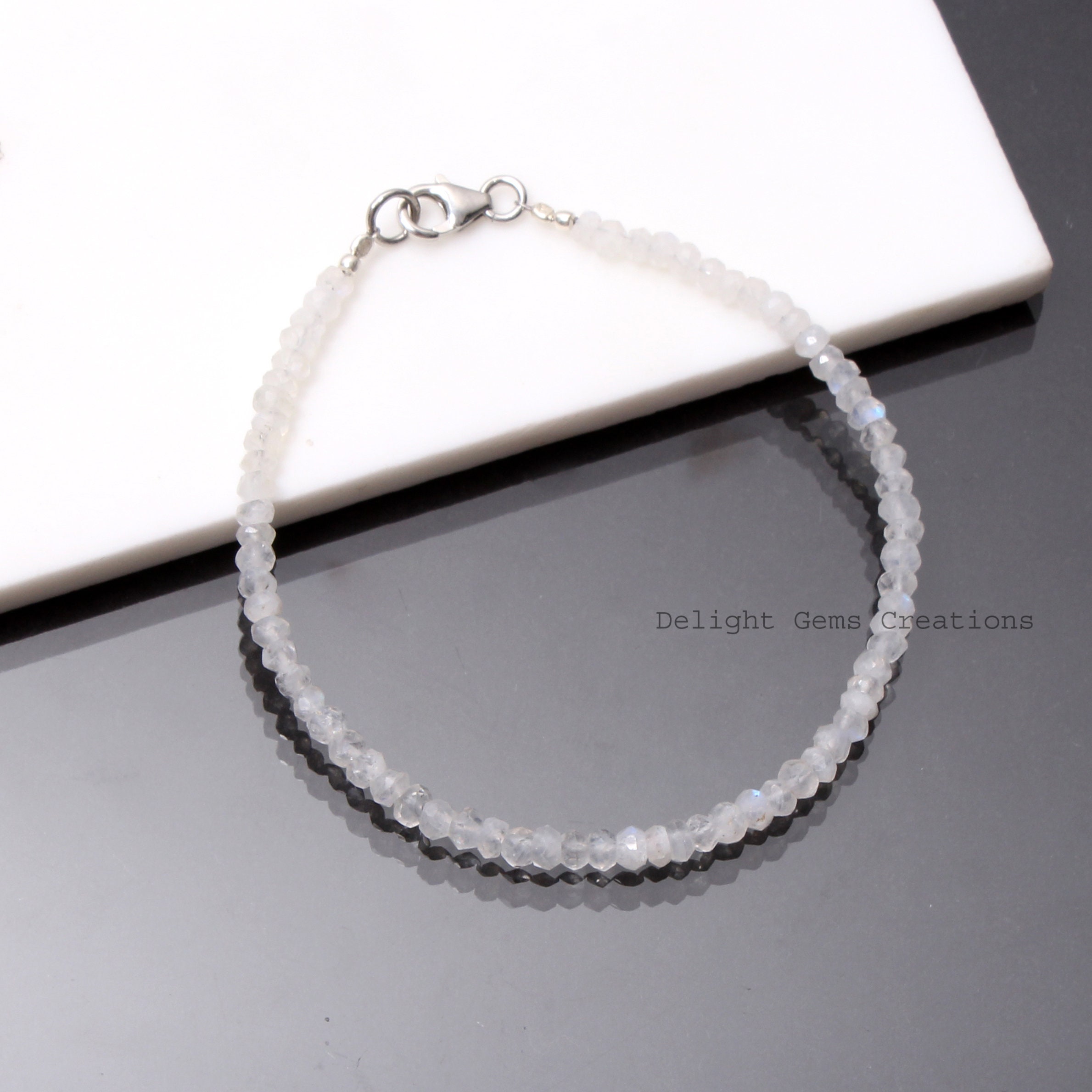 Rainbow Moonstone Beaded Bracelet, 4mm Faceted Gemstone Rondell