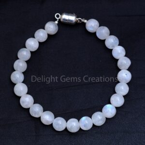 Rainbow Moonstone Beaded Bracelet - 8mm Smooth Round Beads - 8 Inches - Gemstone Bracelet with 925 Sterling Silver Magnetic Clasp Rainbow Moonstone Beaded Bracelet - 8mm Smooth Round Beads - 8 Inches - Gemstone Bracelet with 925 Sterling Silver Magnetic Clasp