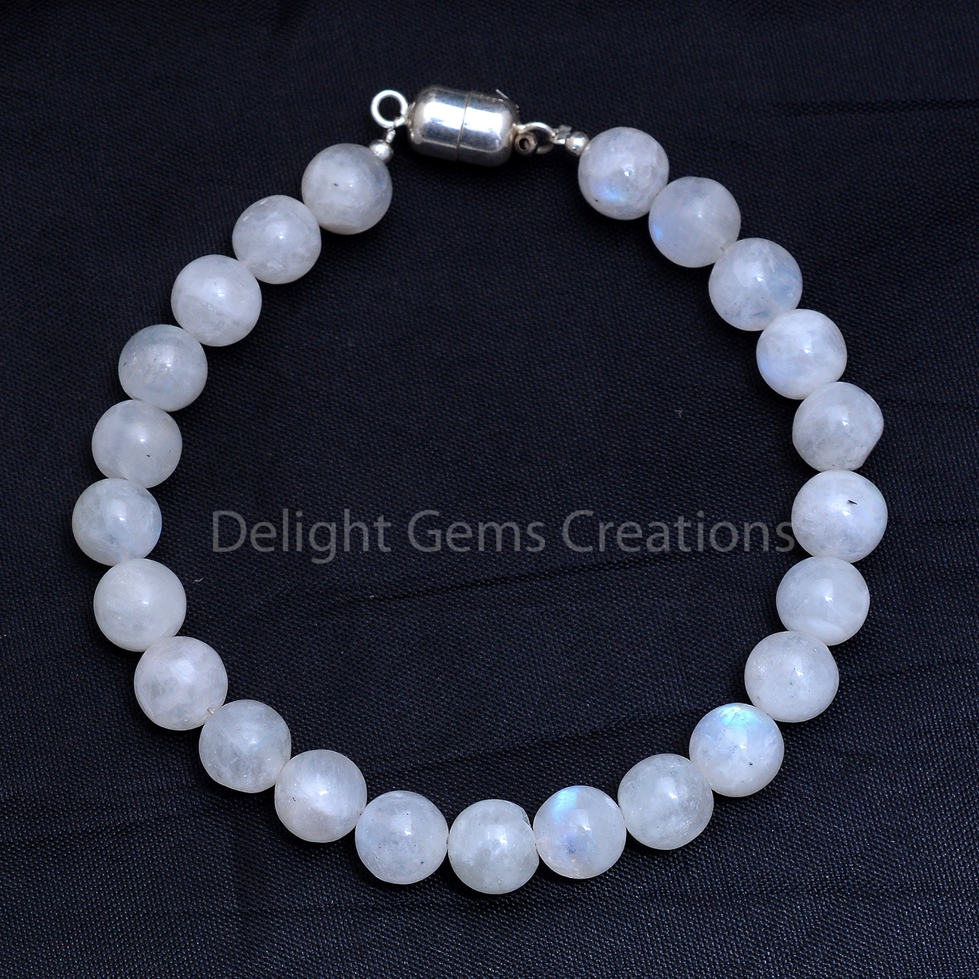 Rainbow Moonstone Beaded Bracelet - 8mm Smooth Round Beads - 8 Inches - Gemstone Bracelet With 925 Sterling Silver Magnetic Clasp