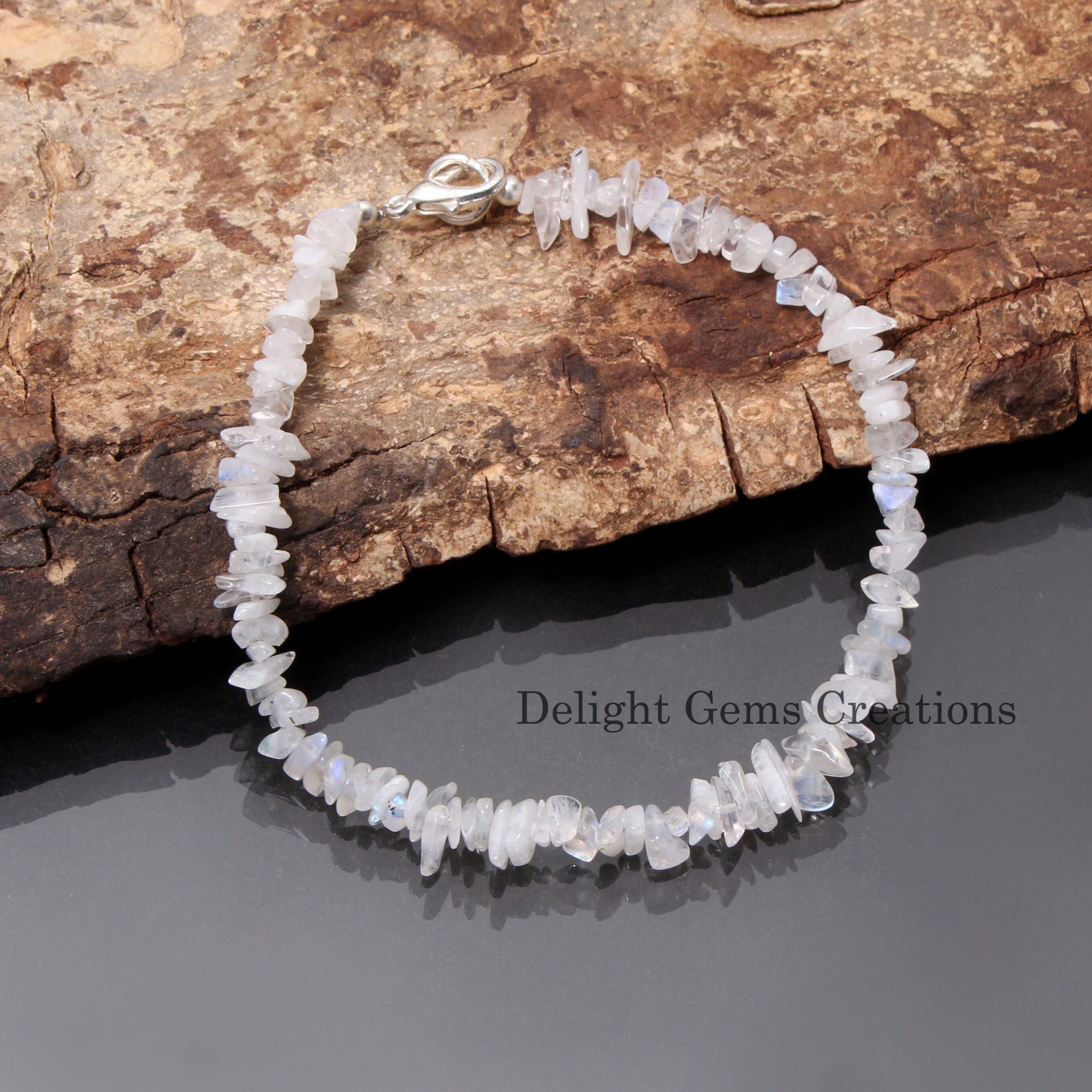 Rainbow Moonstone Chips Bracelet, 4mm-5mm Rainbow Moonstone Uncut Chip Beads Bracelet, Moonstone Jewelry, White Moonstone Bracelet, Gift