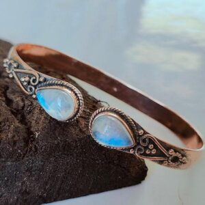 Rainbow Moonstone Copper Bangle: Adjustable Boho Cuff
