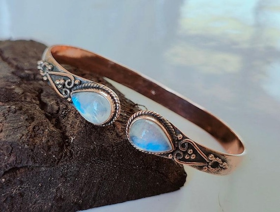 Rainbow Moonstone Copper Bangle: Adjustable Boho Cuff