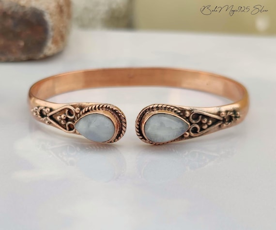 Rainbow Moonstone Copper Bangle: Handmade Boho Cuff Bracelet